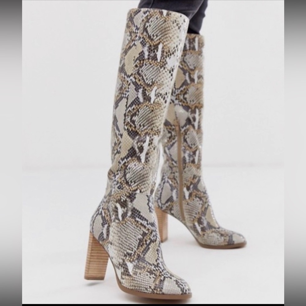 ASOS Design Cover Snake Print Knee High Boots
